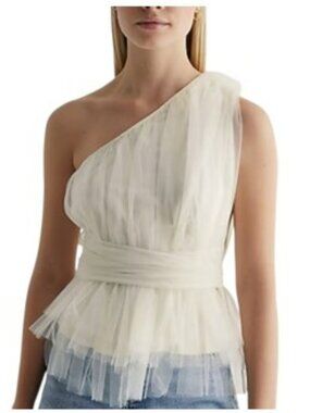 Express Women's One Shoulder Tulle Top Size Medium White Cream Balletcore Peplum